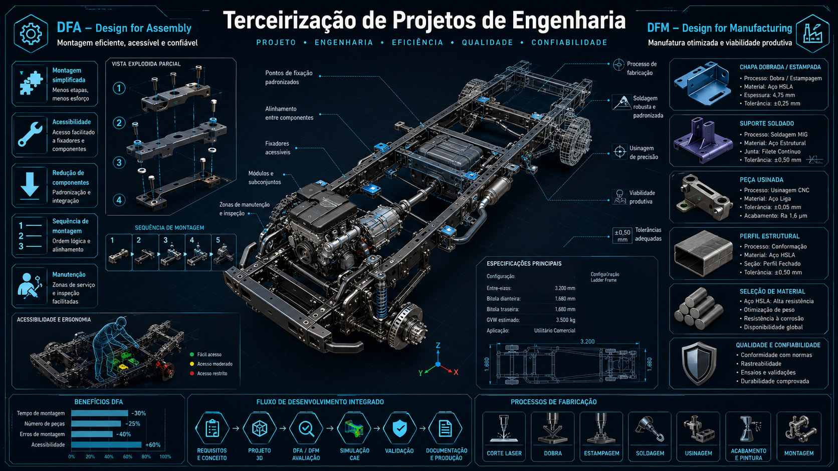 Infográfico técnico de terceirização de projetos de engenharia com chassis, DFA e DFM